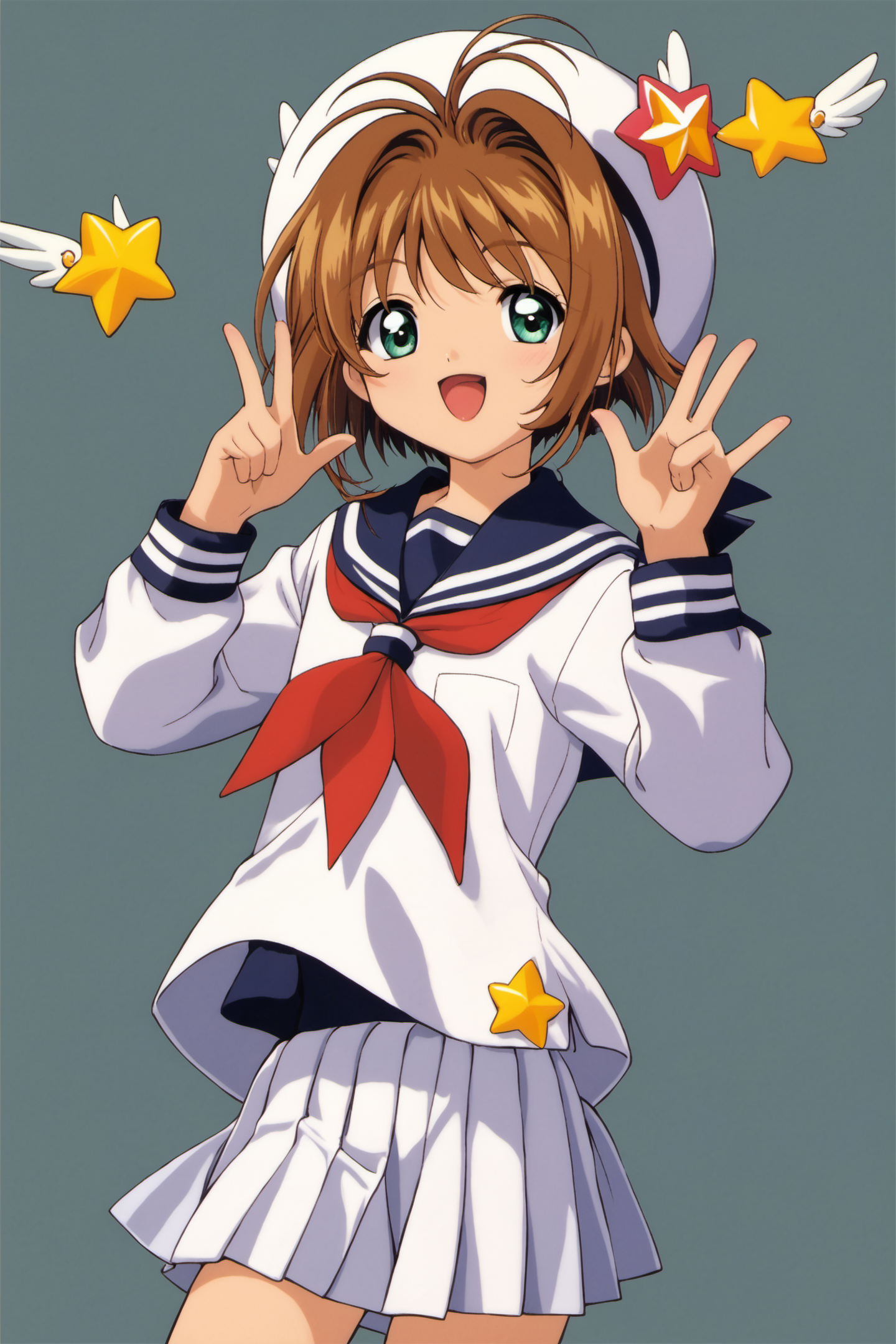 26751-4168871135-1girl,kinomoto sakura,brown hair,solo,school uniform,skirt,green eyes,tomoeda elementary school uniform,short hair,hat,white ski.png